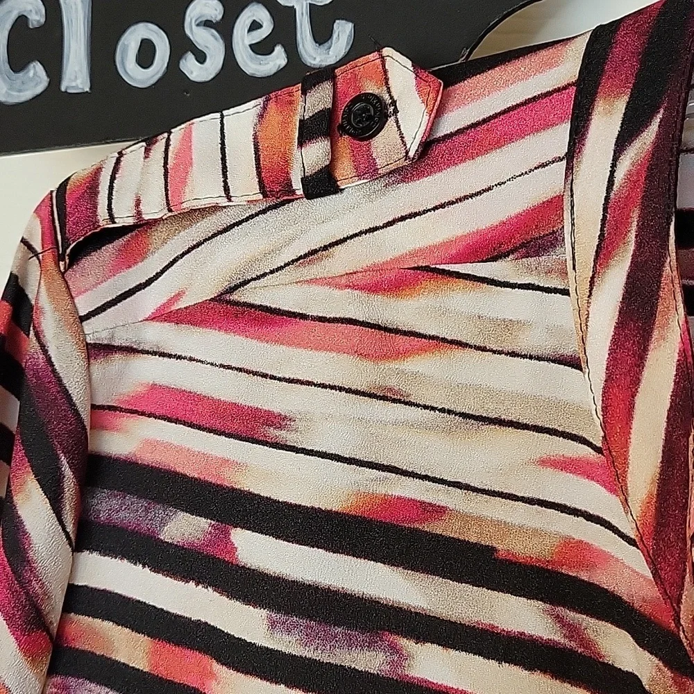 Calvin Klein Blouse Large Pink Purple Black White Tan Stripe Military